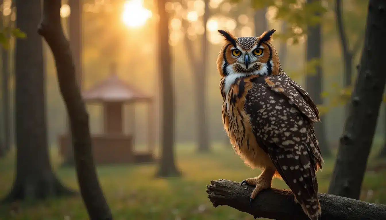wild owl perched on tree branch in natural forest habitat