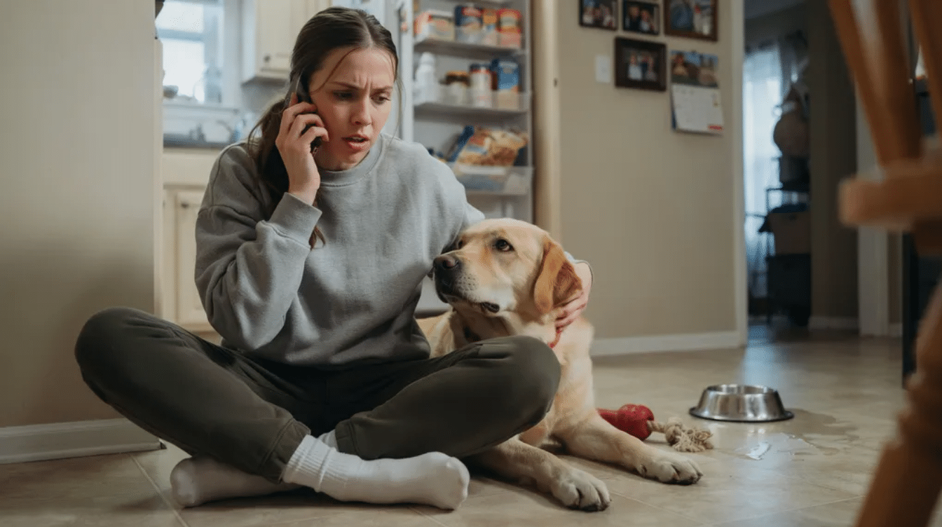 worried dog owner checking on labrador during home pet emergency