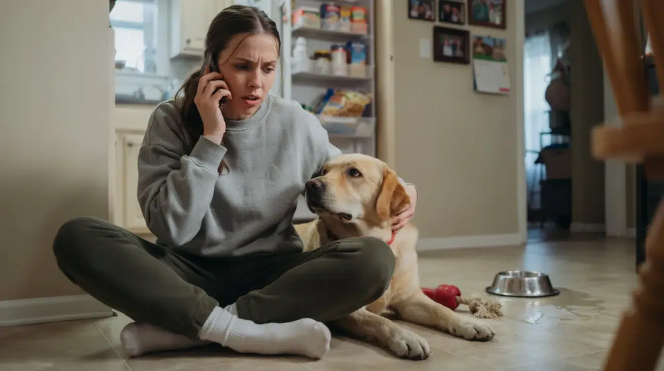 worried dog owner checking on labrador during home pet emergency
