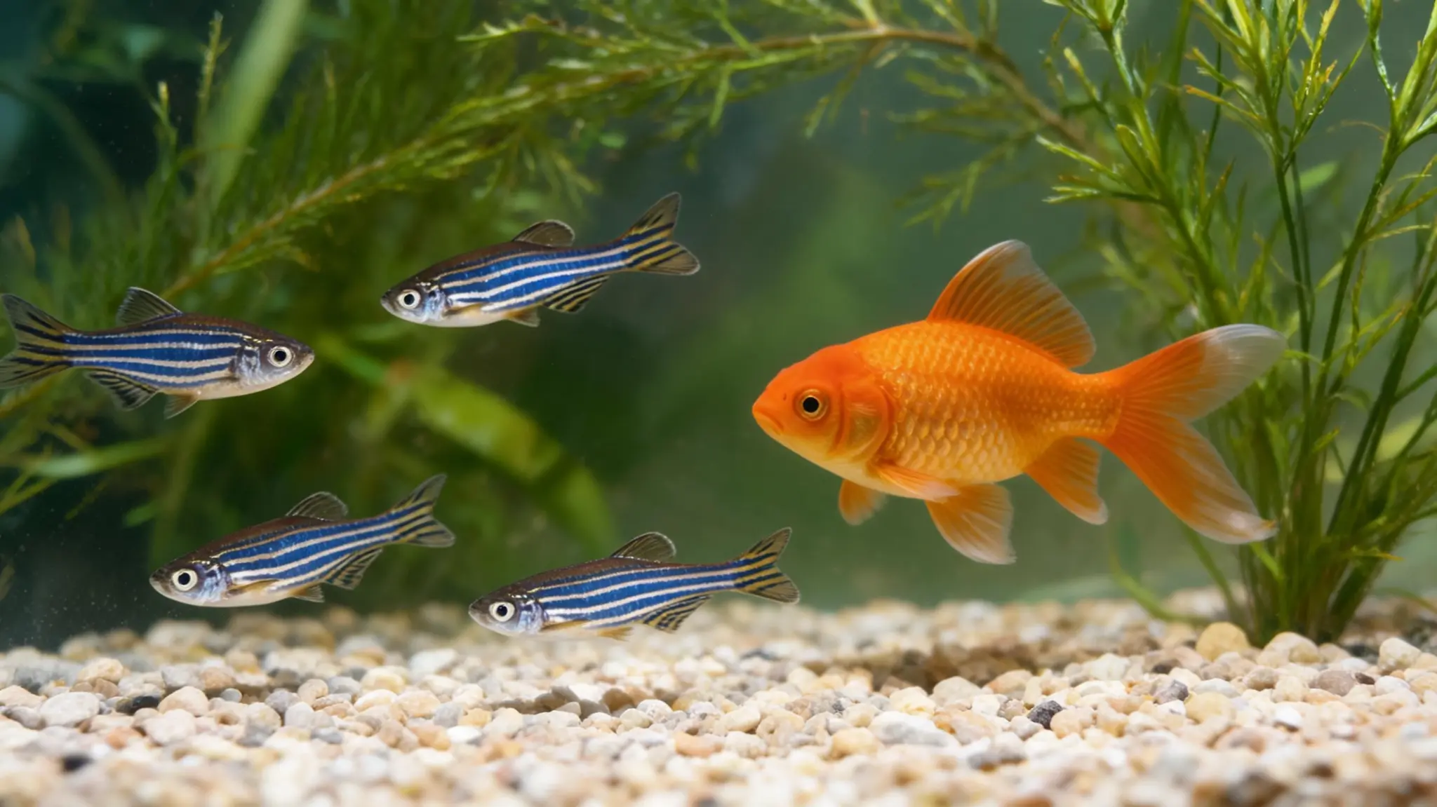 zebra danios sharing a freshwater aquarium with a goldfish in open swimming space