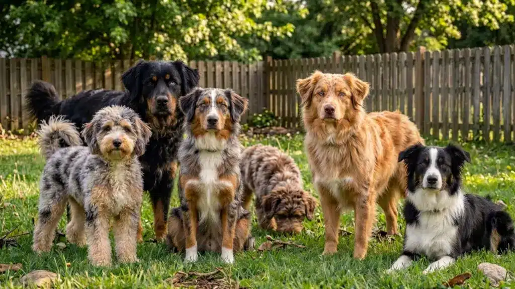 australian shepherd mixes with different coat colors and sizes gathered together in a grassy backyard