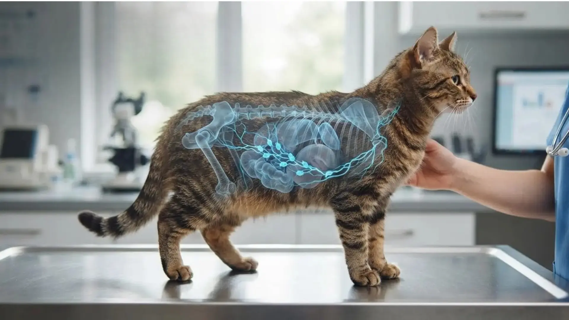 tabby cat with skeletal and lymphatic overlay standing on a veterinary exam table during a feline lymphoma check