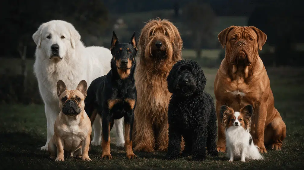 great pyrenees french bulldog beauceron briard barbet dogue de bordeaux and papillon outdoors