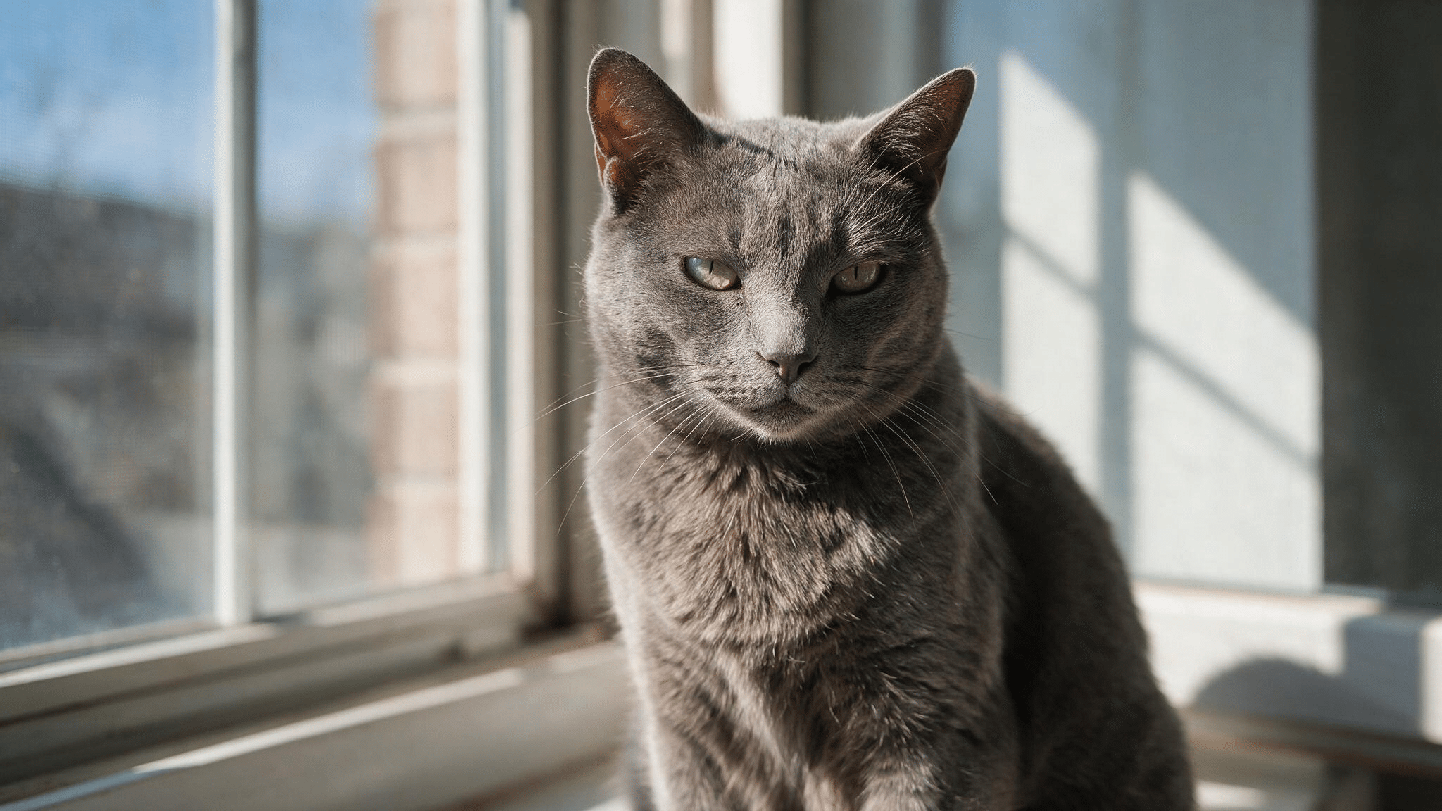 grey short-haired cat with green eyes sitting in warm sunlight beside a large window with soft shadows across its coat