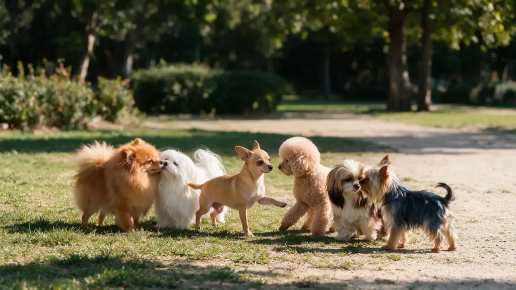 different toy dog breeds standing together against a softly blurred black background with varied coats and builds