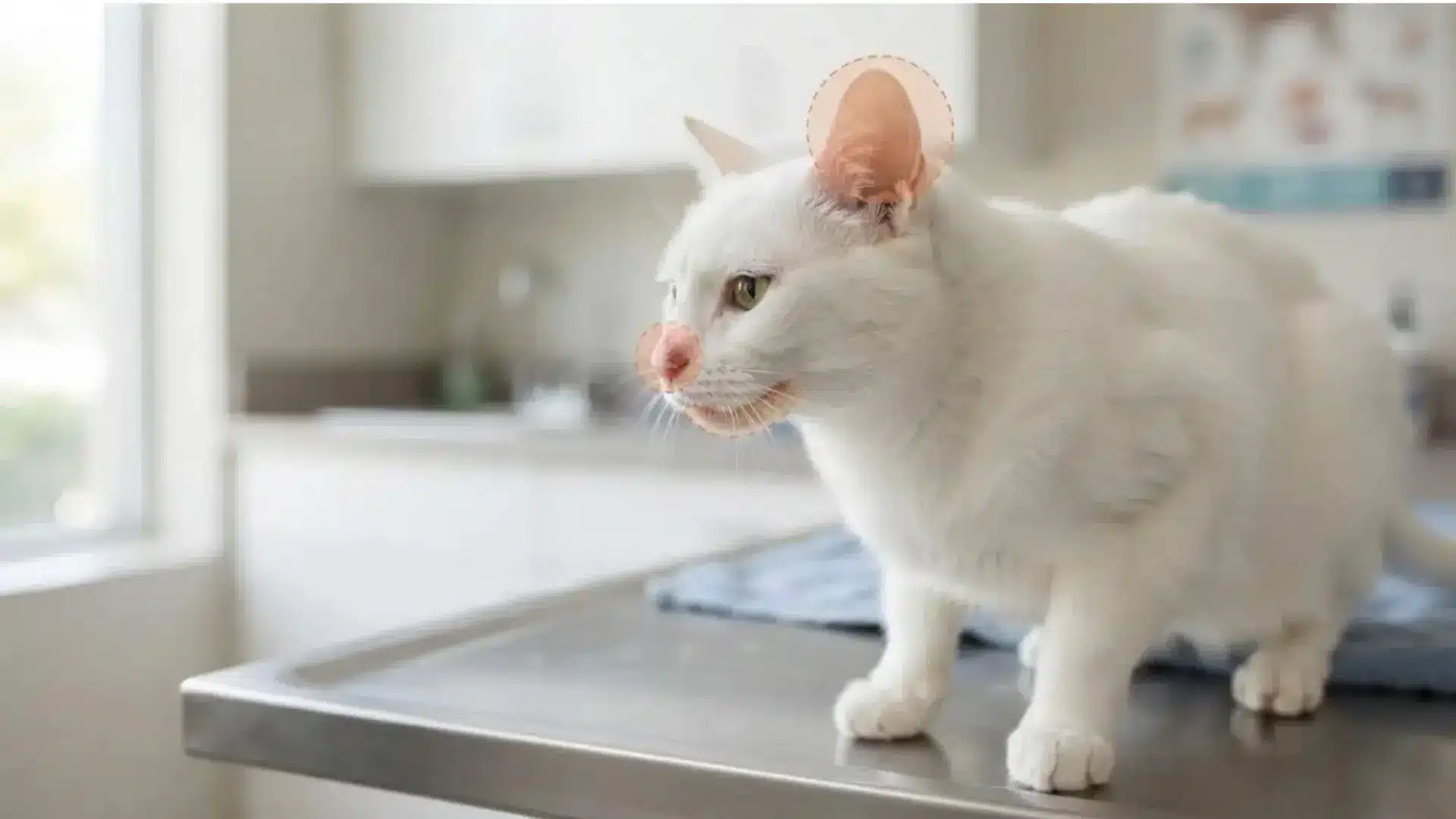 white cat on veterinary exam table with highlighted ear, nose, and mouth showing common sites of squamous cell carcinoma