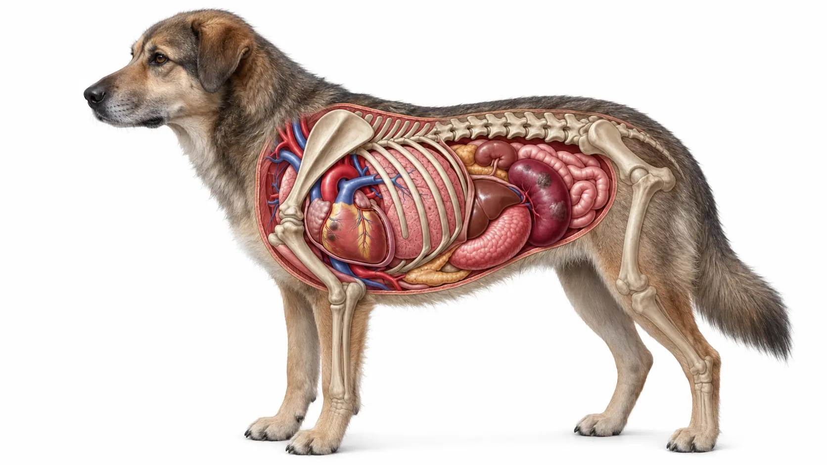 realistic dog with visible internal organs and skeleton in a veterinary anatomy cutaway illustration