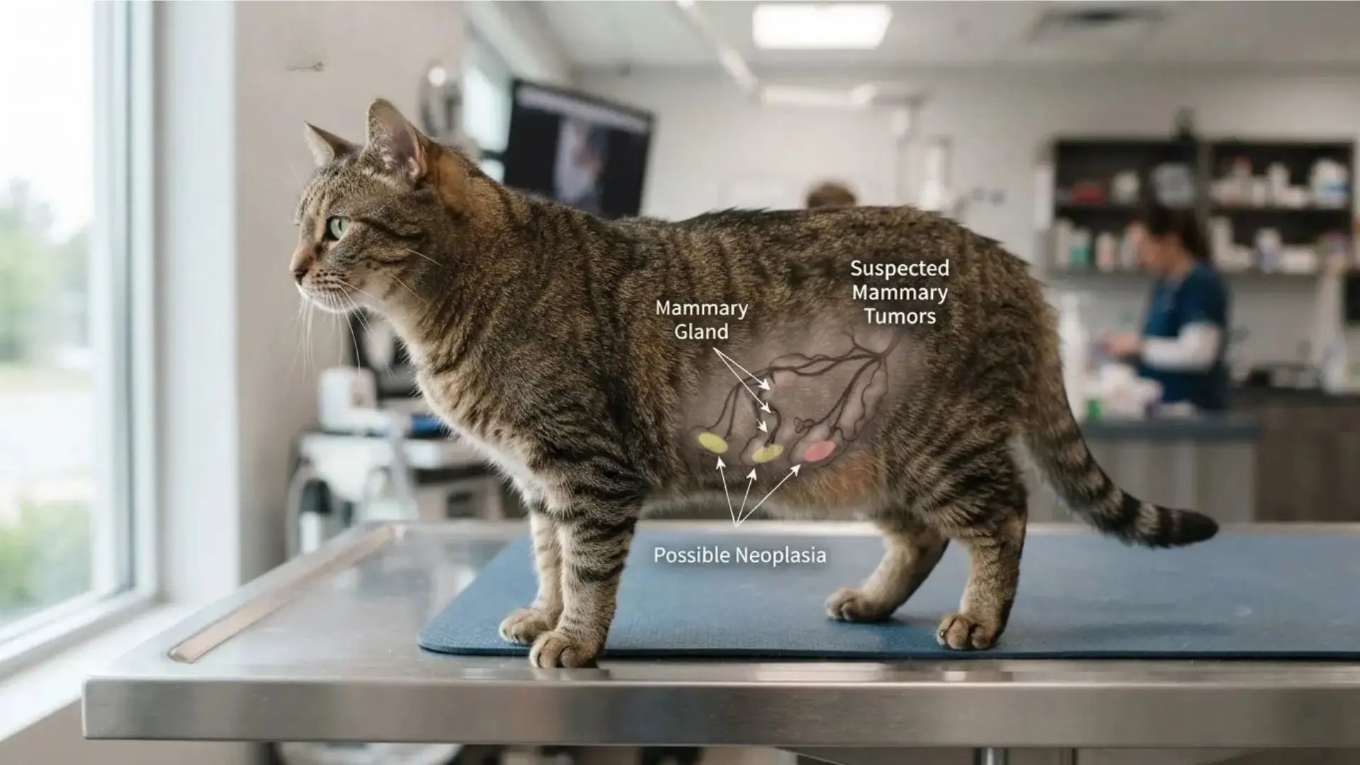 tabby cat on veterinary exam table with mammary chain overlay highlighting suspected mammary tumors along the abdomen