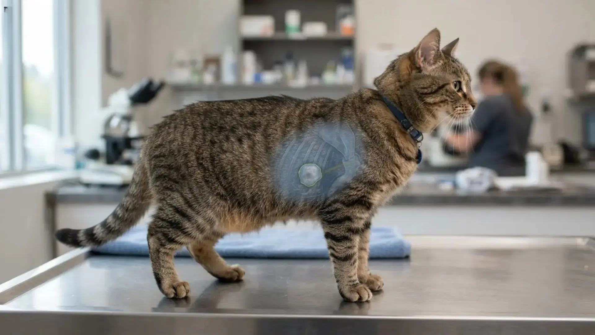tabby cat on veterinary exam table with body overlay highlighting a suspected injection-site sarcoma beneath the skin