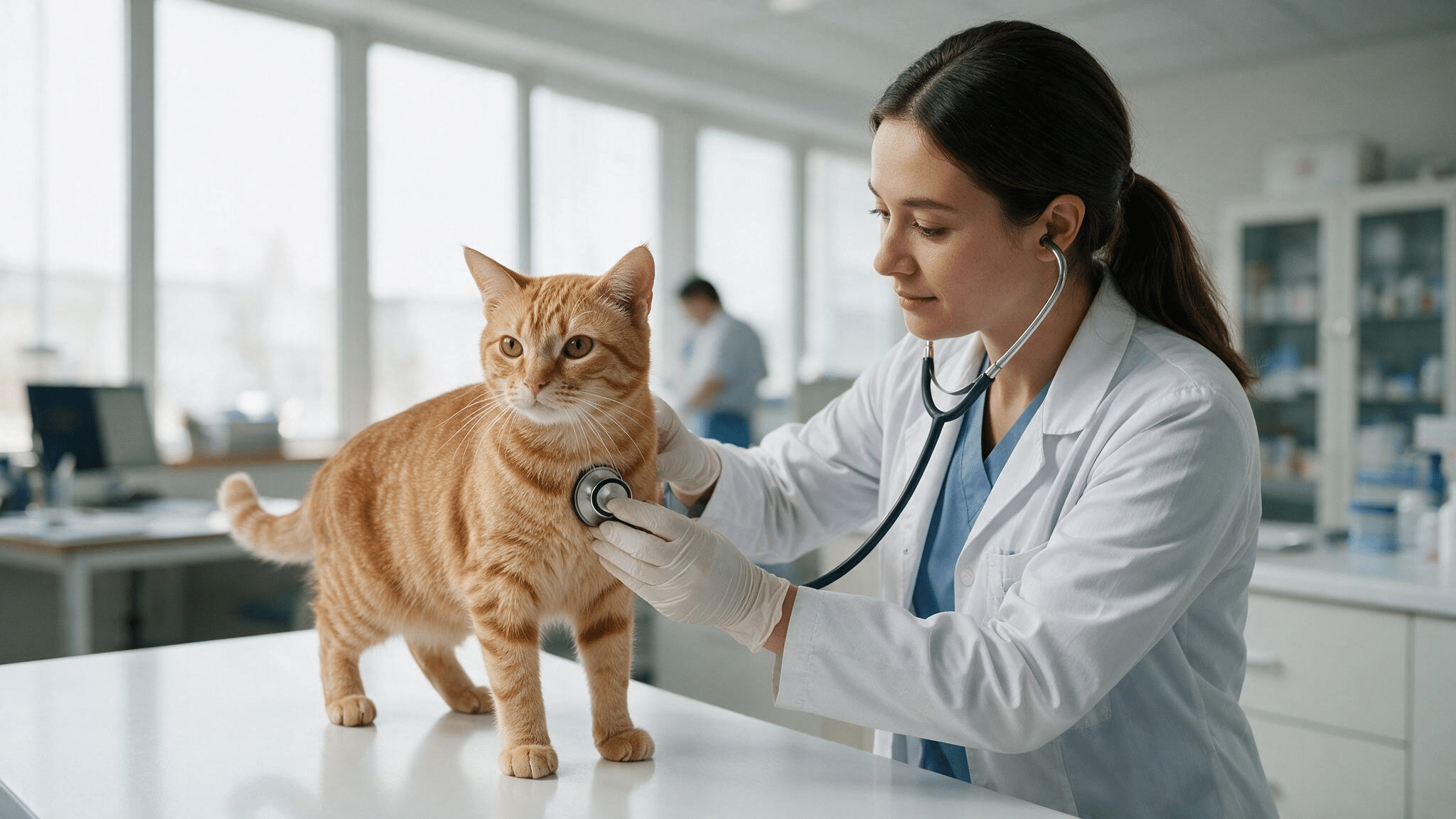 veterinarian examining an adult cat with a stethoscope during a routine health check in a clinic