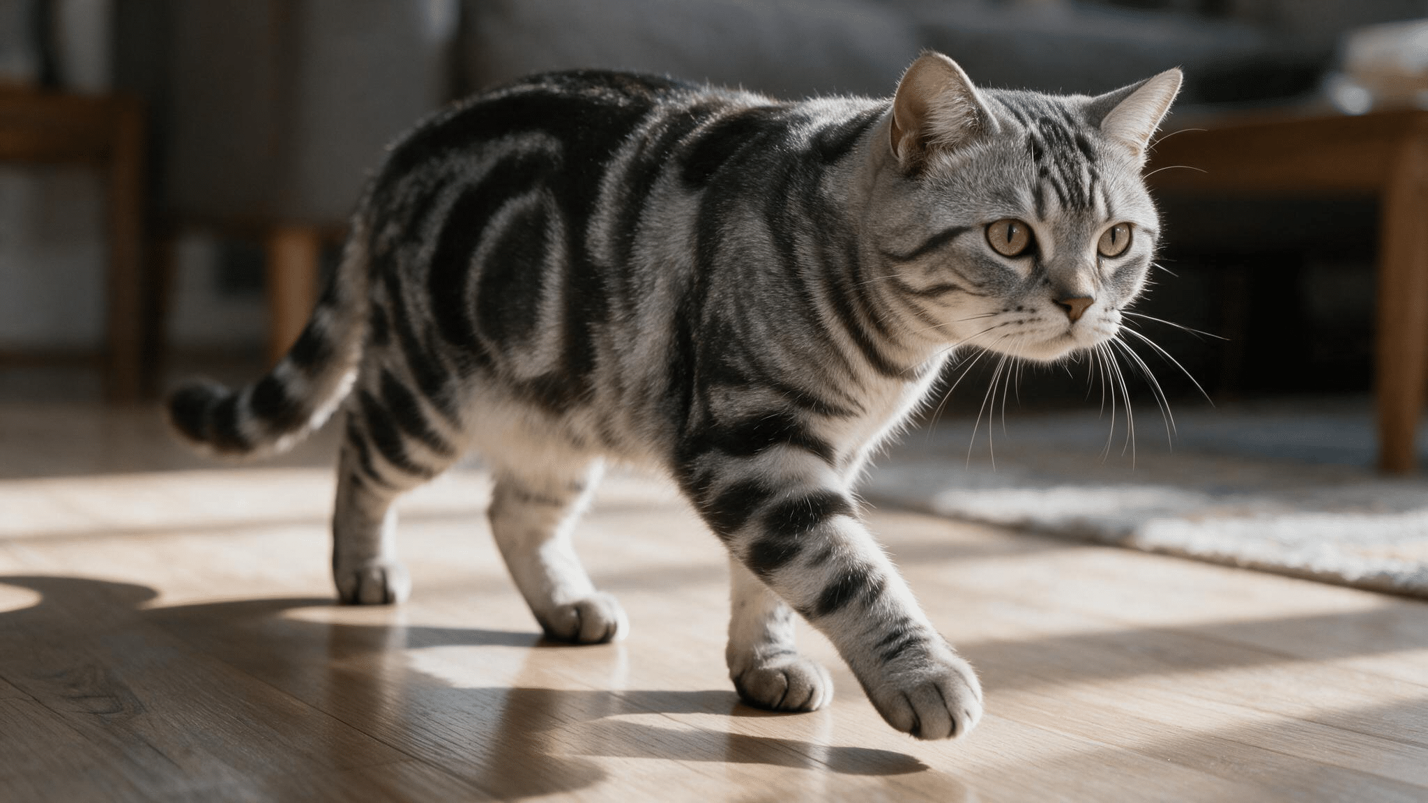 silver american shorthair with bold tabby swirls walking across a wooden floor in soft afternoon window light at home