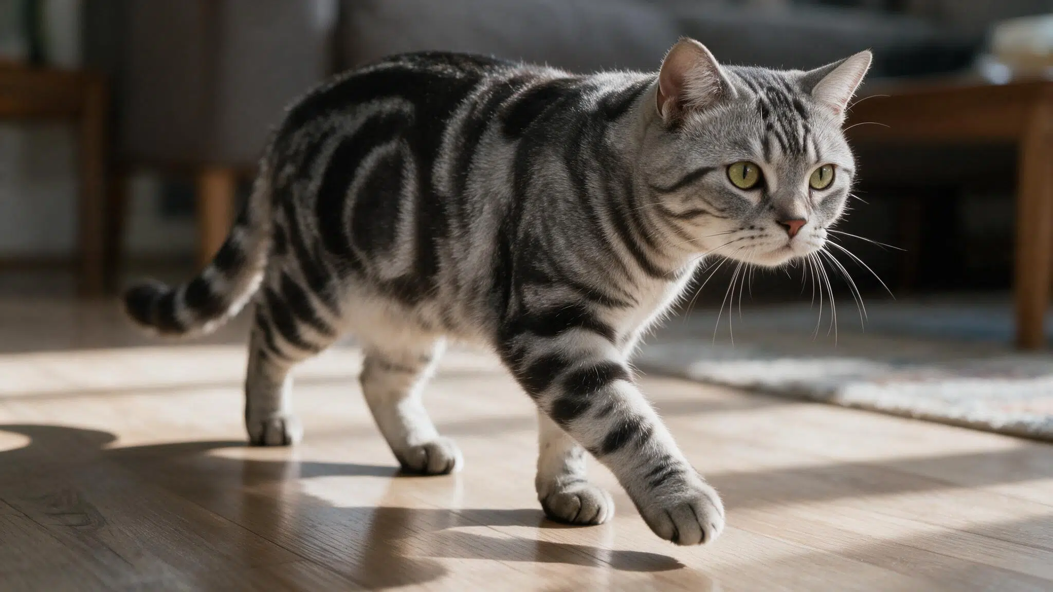 silver american shorthair with bold tabby swirls walking across a wooden floor in soft afternoon window light at home