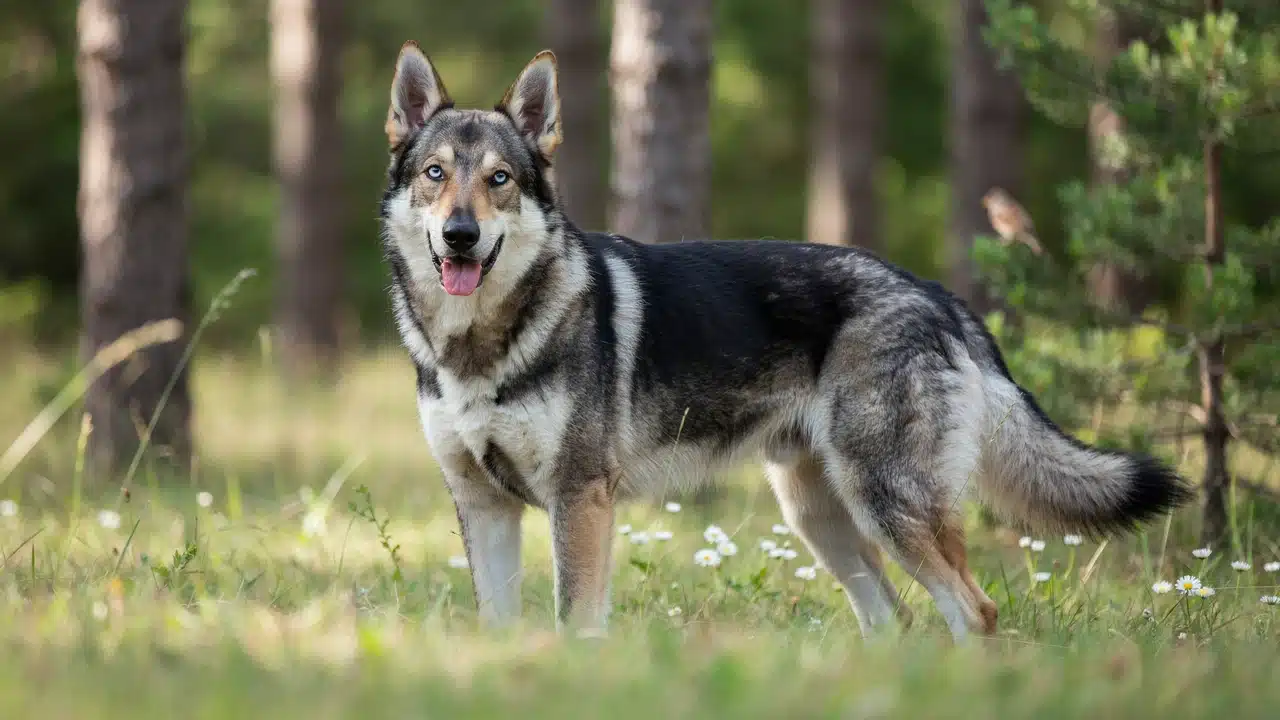 german shepherd husky mix dog showing thick coat upright ears and different colored eyes outdoors