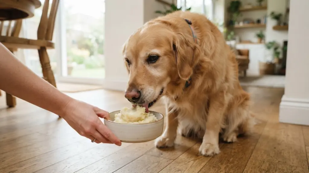 dog eating a small amount of plain mashed potatoes from bowl in a home setting