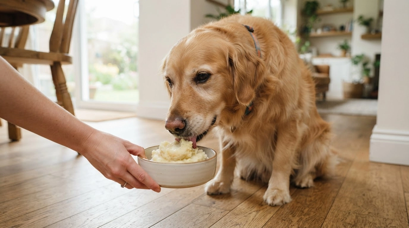 dog eating a small amount of plain mashed potatoes from bowl in a home setting