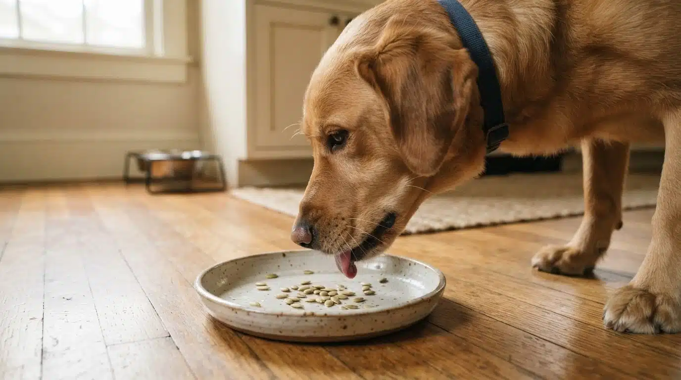 dog eating a few plain pumpkin seeds from small ceramic dish on a natural wood kitchen floor