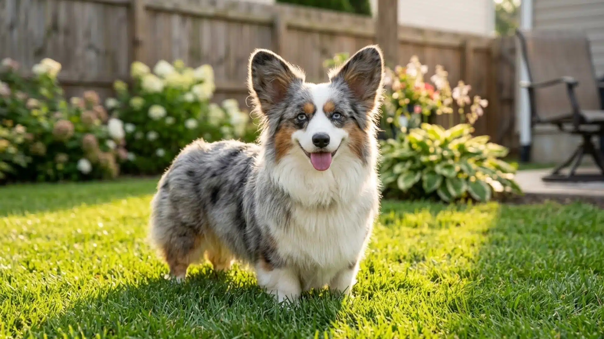 augi dog with fluffy coat sitting on green grass in a sunny backyard setting