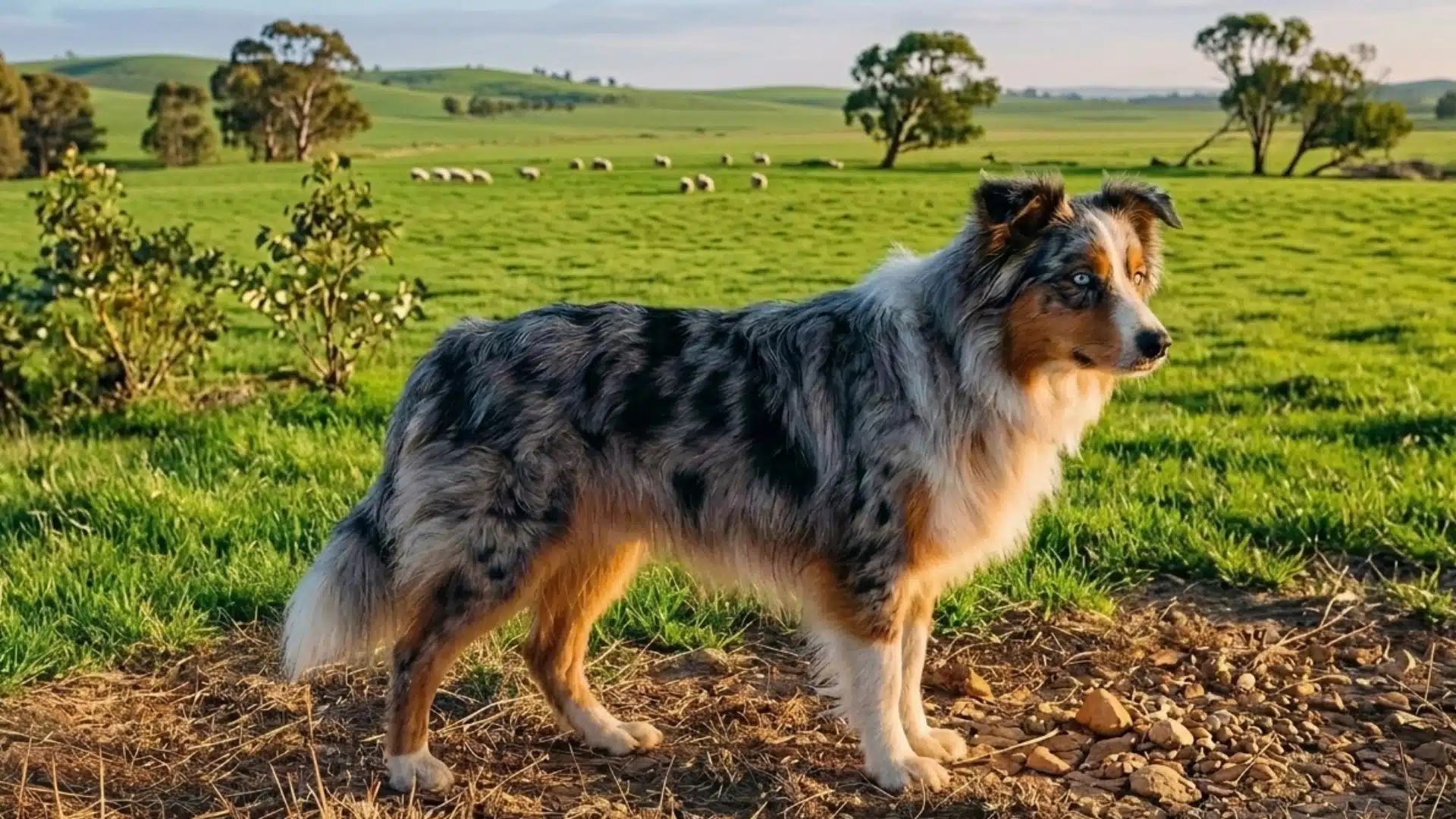 australian shepherd husky mix standing in a green pasture with sheep and rolling hills in the background