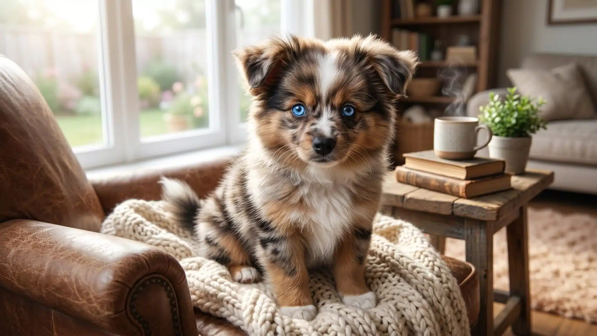 aussie pom puppy with fluffy coat sitting on a blanket in a cozy living room setting