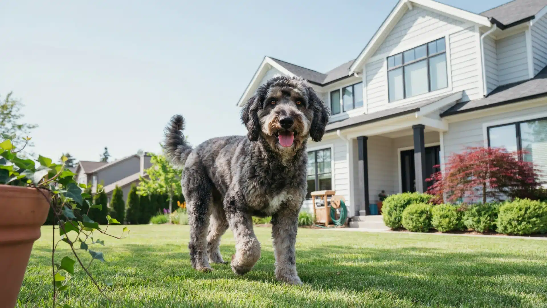 aussiedoodle dog standing on a green lawn in front of a modern suburban home on a sunny day