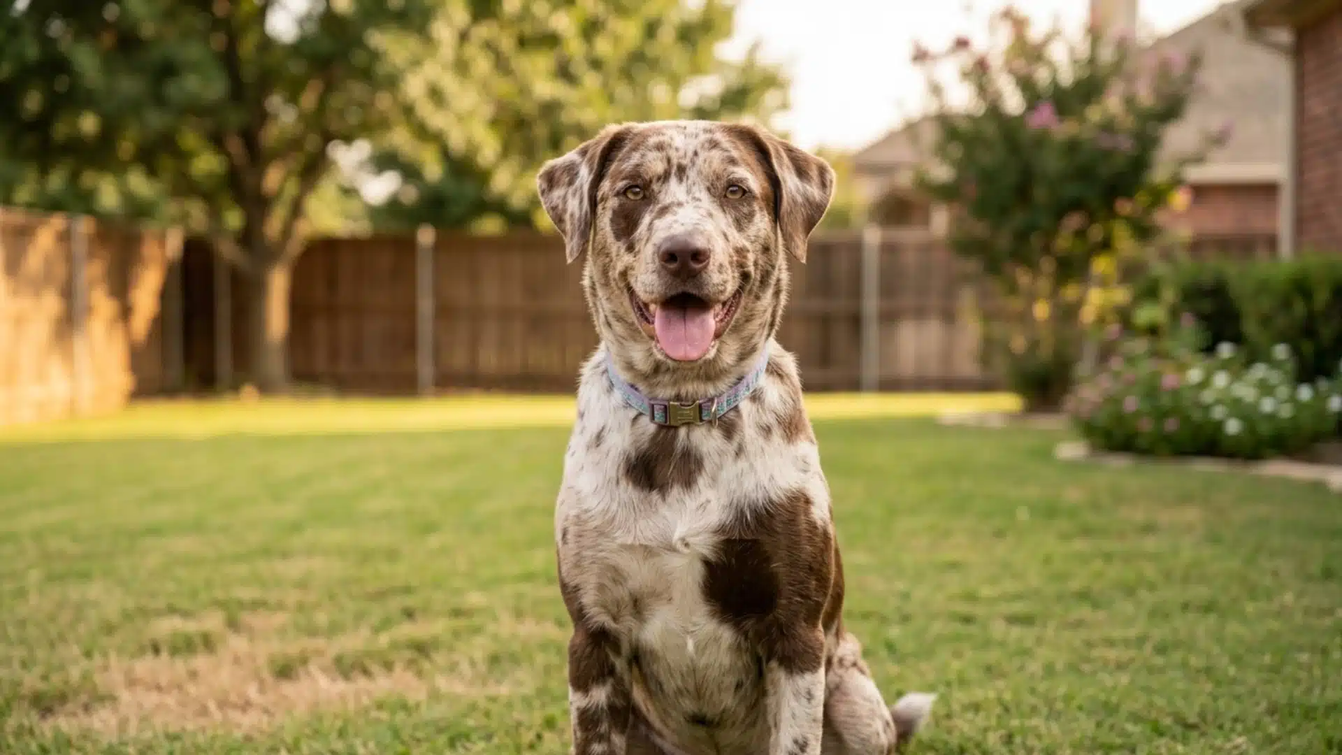 aussiedor dog with mixed coat colors sitting outdoors in a backyard garden setting