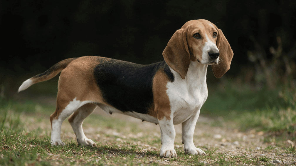 basset art&eacute;sien normand standing outdoors with short legs and a tricolor coat