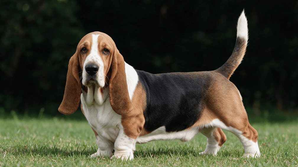 tricolor basset hound standing on grass with long drooping ears and a low sturdy body