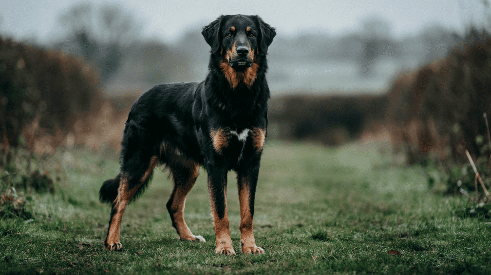 black and tan beauceron standing in a grassy field with a tall athletic build