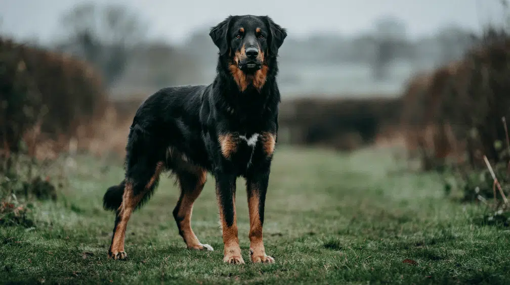 black and tan beauceron standing in a grassy field with a tall athletic build