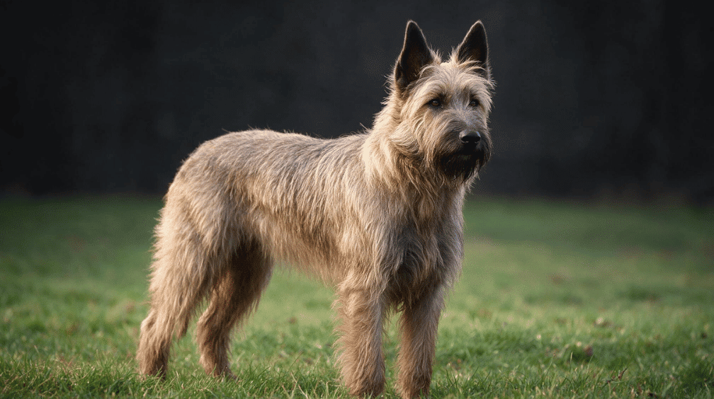 fawn berger picard standing on grass with upright ears and a rough wiry coat