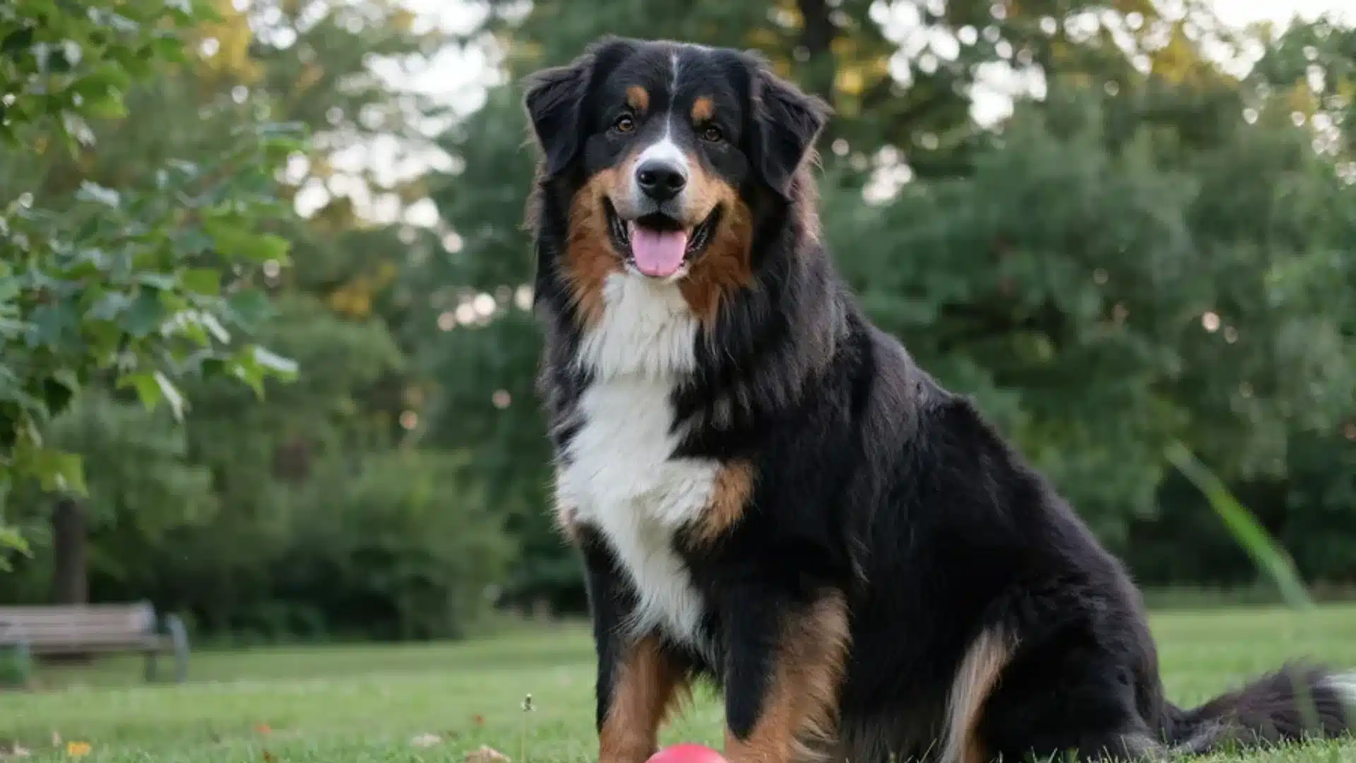 bernese aussie dog with black, white, and brown coat sitting outdoors in a green park setting