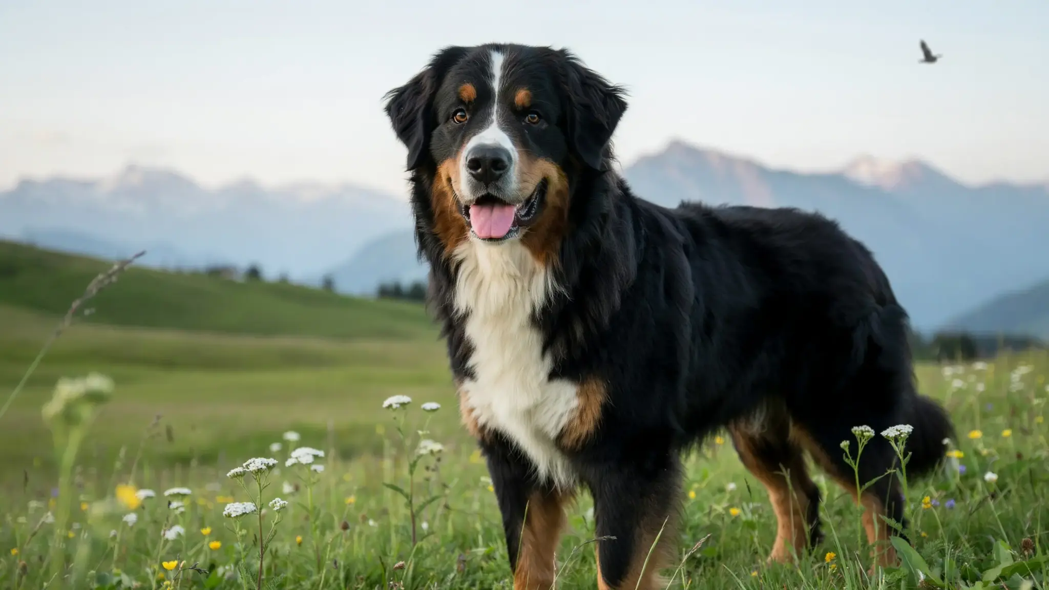 A Bernese Mountain Dog stands smiling with tongue out in a wildflower meadow, misty alpine mountains rising behind it.