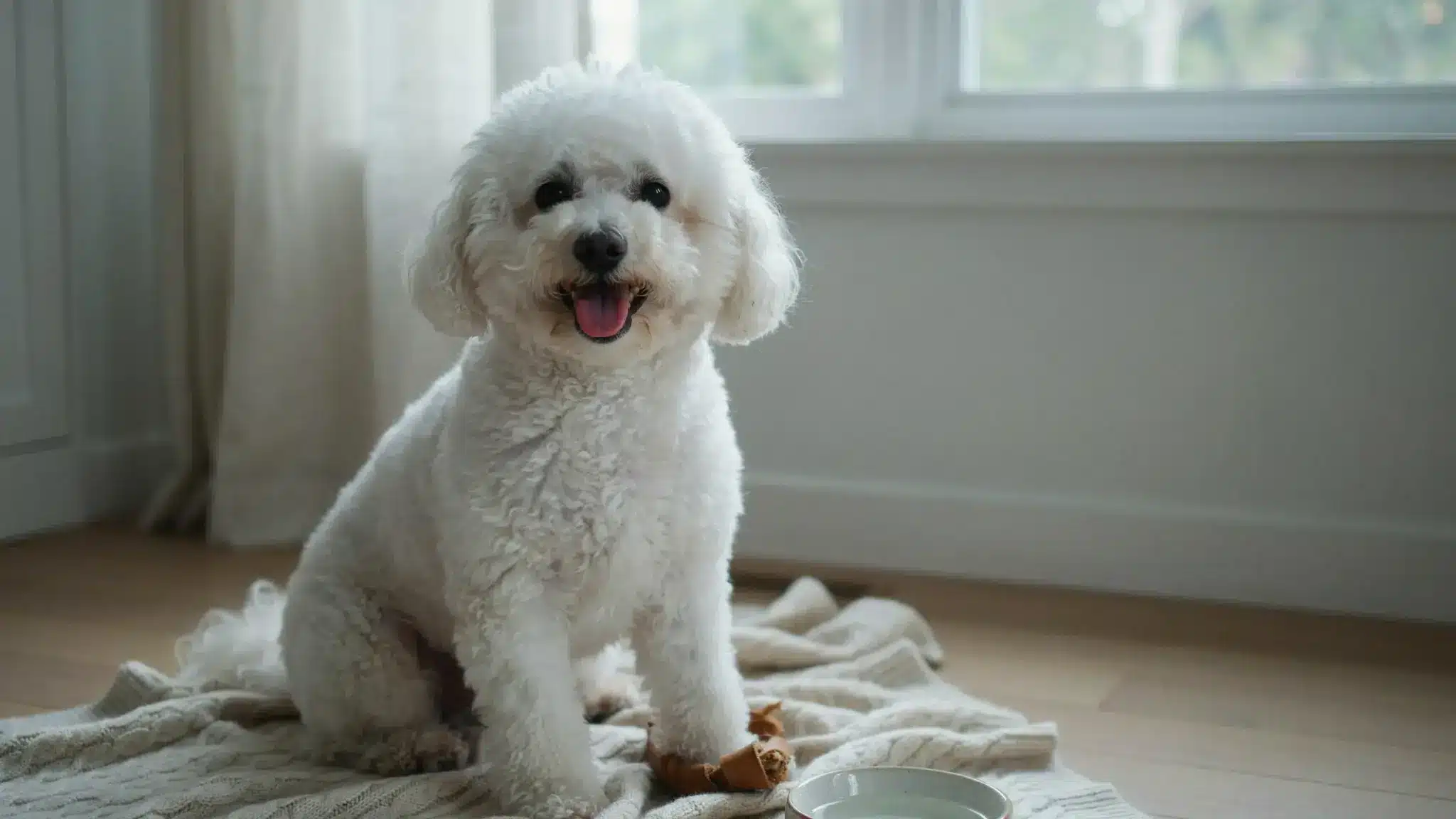 Bichon Frise with a cloud-like white coat smiling while sitting on a blanket beside a water bowl