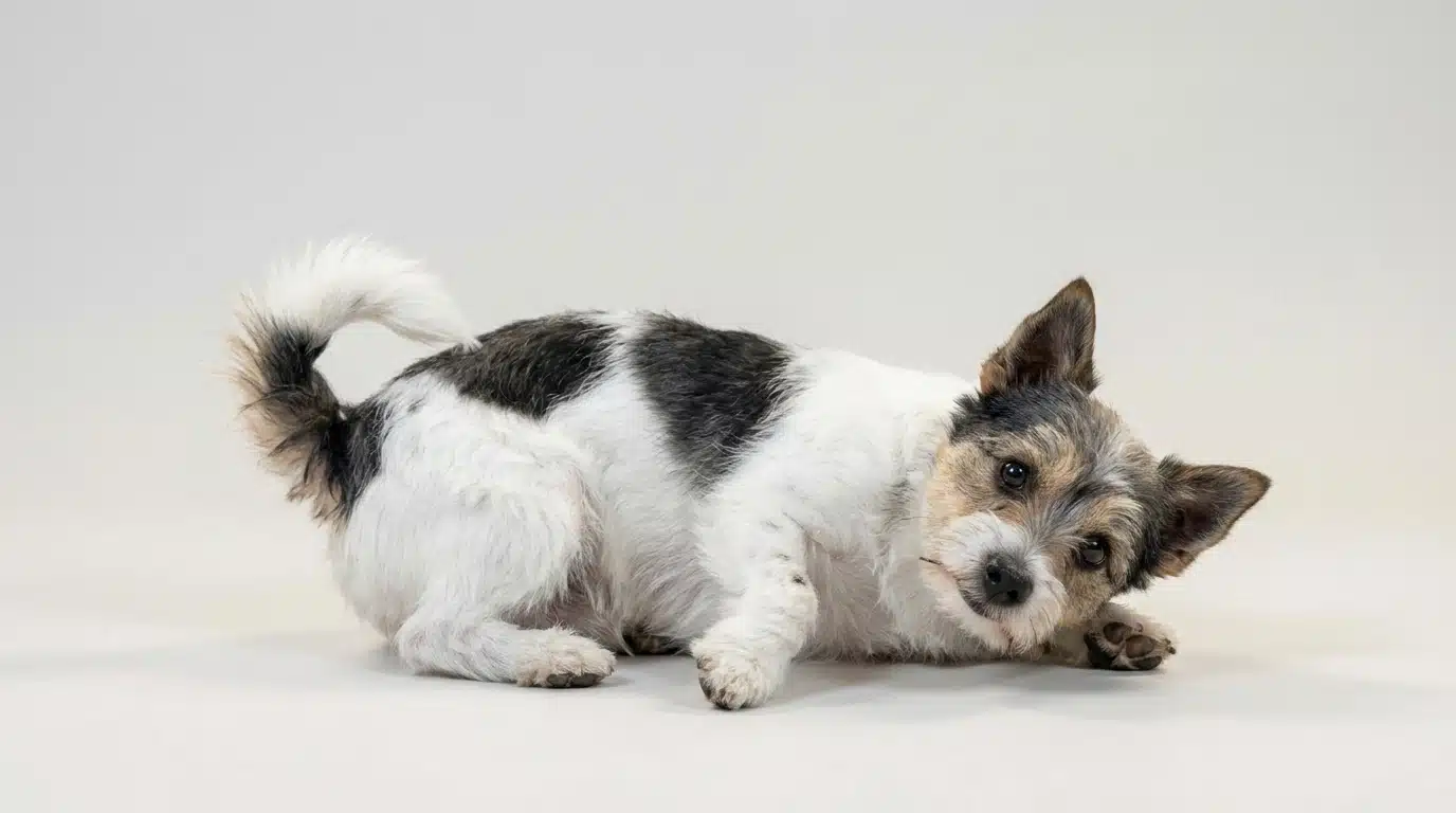 adult biewer terrier standing outdoors with a long silky white black and tan tricolor coat and upright ears