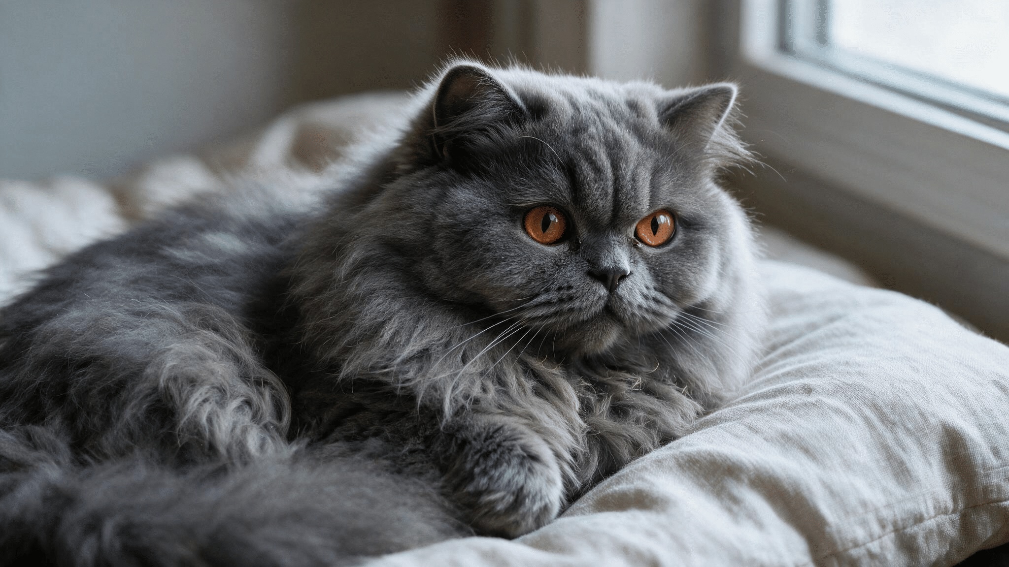 blue persian cat with copper eyes and a long dense grey coat resting on a rumpled linen cushion beside a bright window