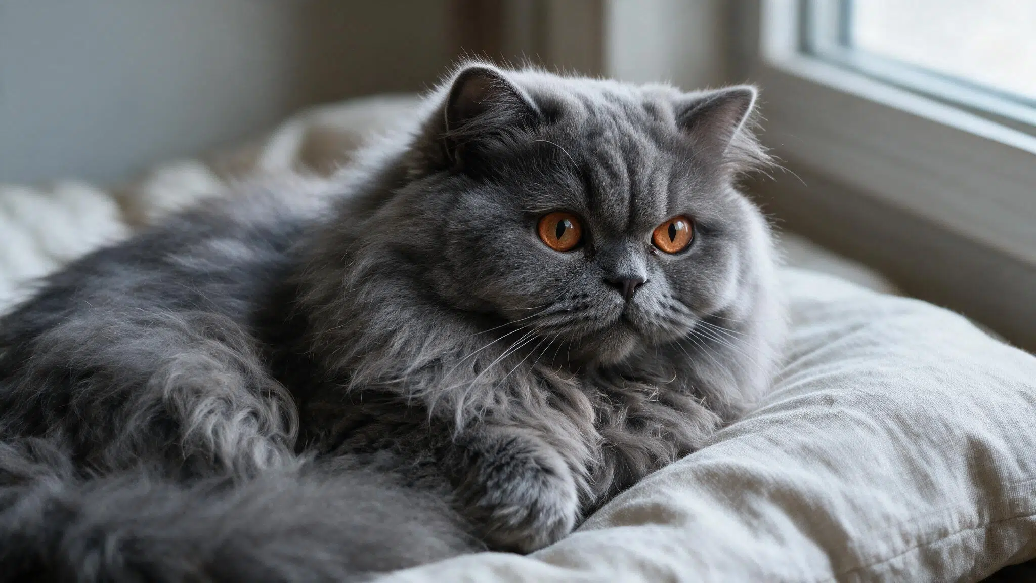 blue persian cat with copper eyes and a long dense grey coat resting on a rumpled linen cushion beside a bright window