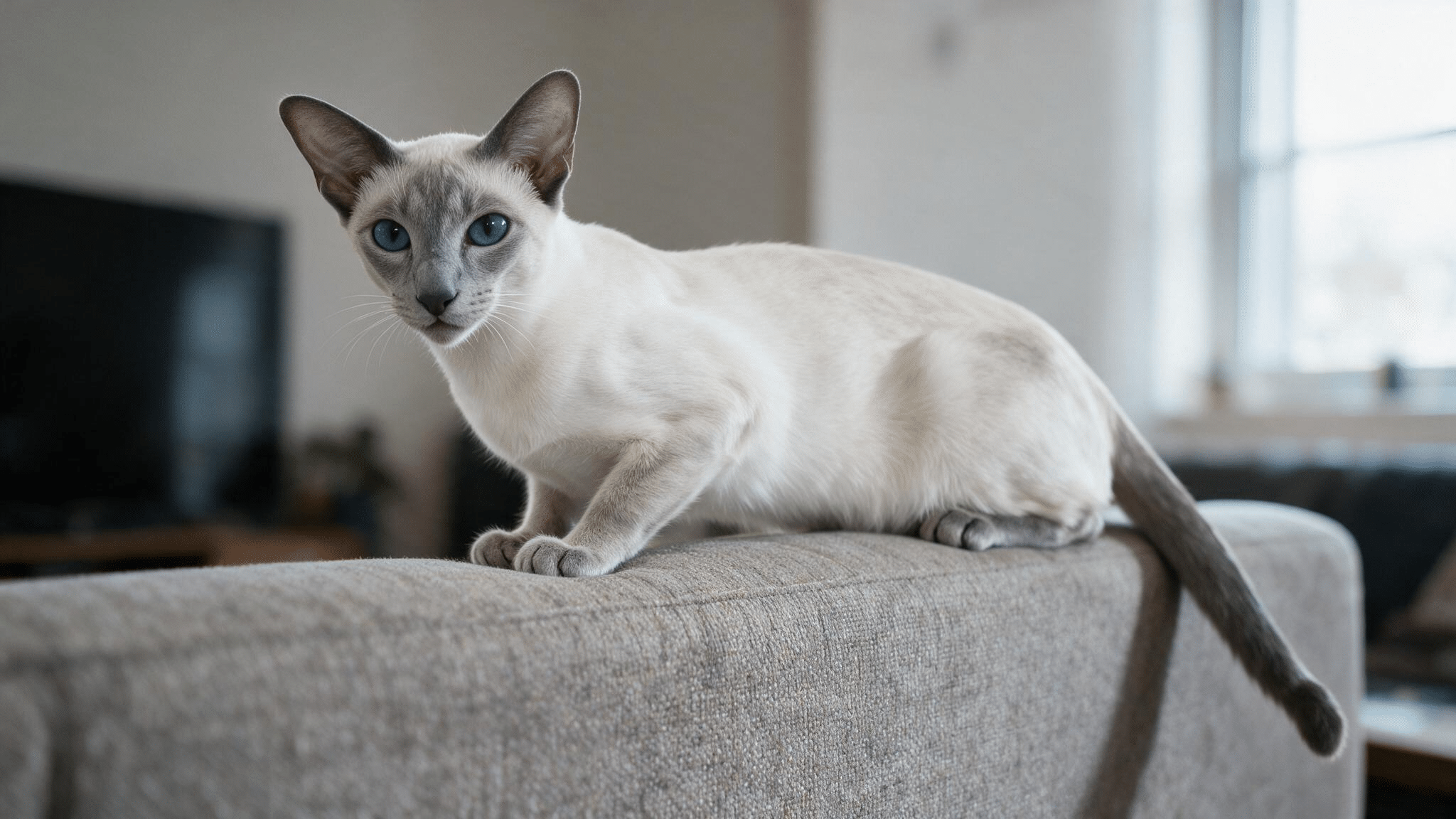 blue point siamese with deep blue eyes and grey blue points perched casually on a sofa in soft natural window light
