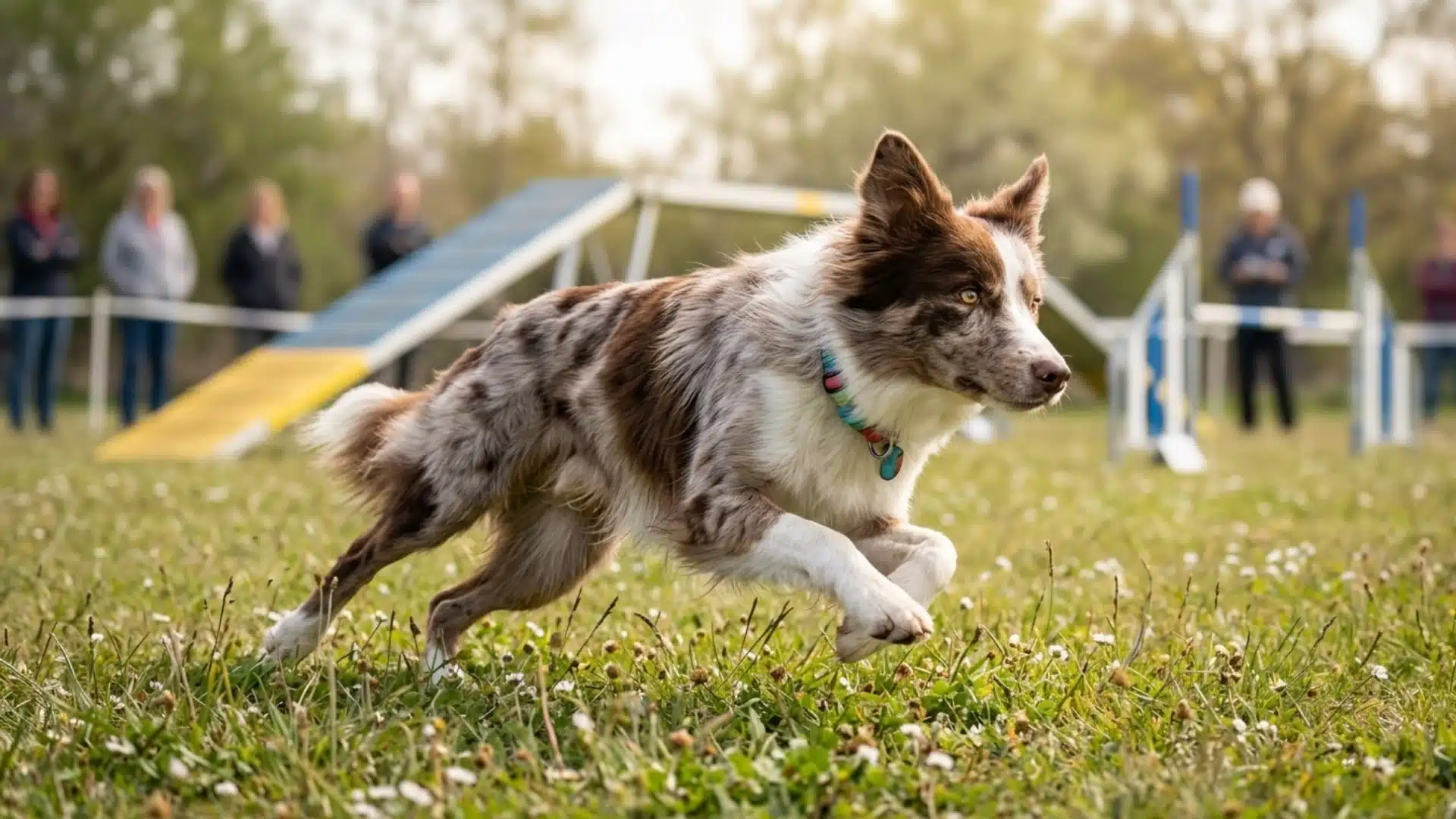 border aussie dog running through grass during agility training outdoors