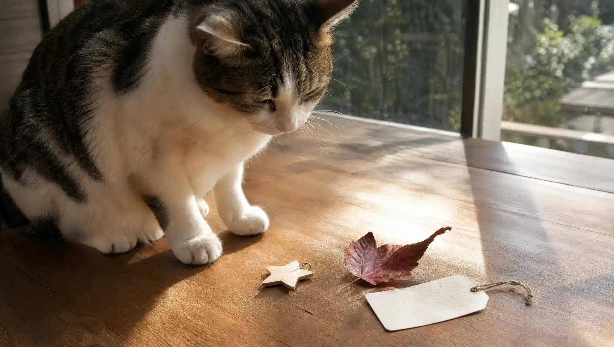 male cat beside symbolic objects and blank tags for meaningful boy cat names