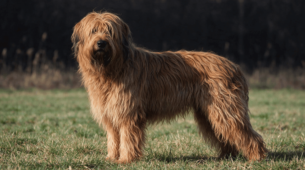long-haired tawny briard standing on grass with a shaggy coat covering its face and body