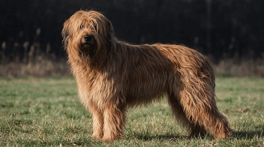 long-haired tawny briard standing on grass with a shaggy coat covering its face and body