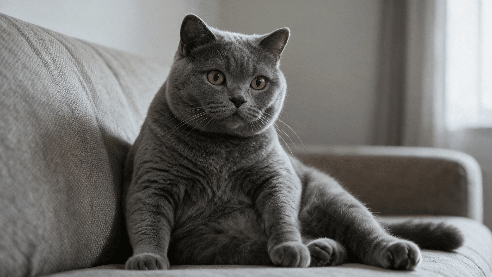 british shorthair cat with copper eyes and a plush blue grey coat sitting relaxed on a fabric sofa in soft window light