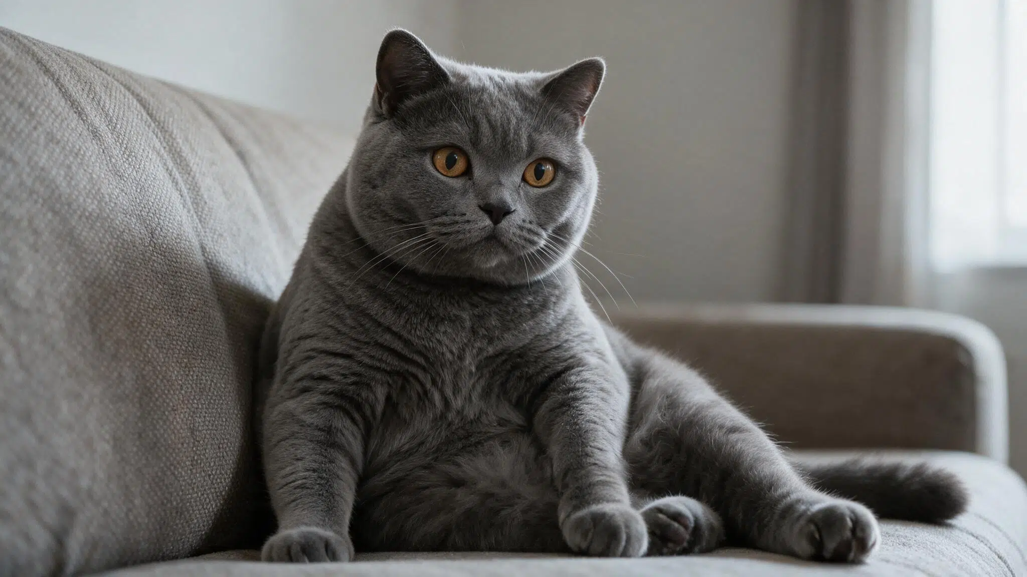 british shorthair cat with copper eyes and a plush blue grey coat sitting relaxed on a fabric sofa in soft window light