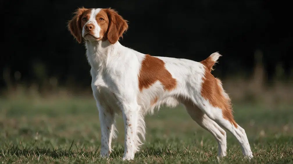 orange and white brittany standing alert on grass with a lean athletic sporting build