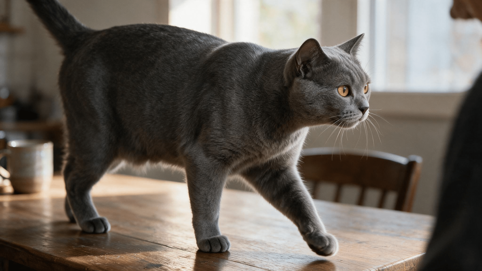 blue burmese cat with golden eyes and a sleek blue grey coat walking across a wooden table in warm natural home light