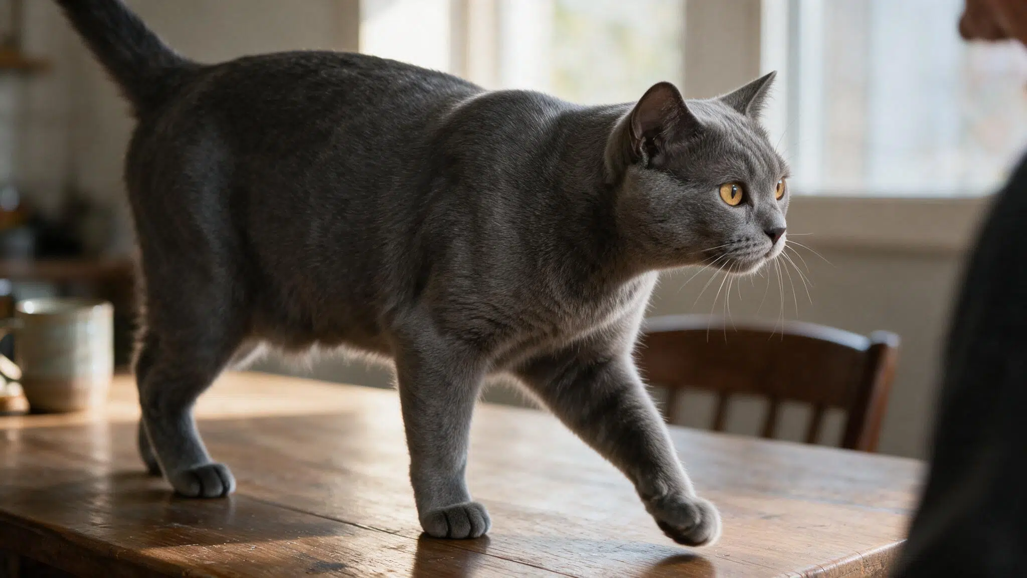 blue burmese cat with golden eyes and a sleek blue grey coat walking across a wooden table in warm natural home light