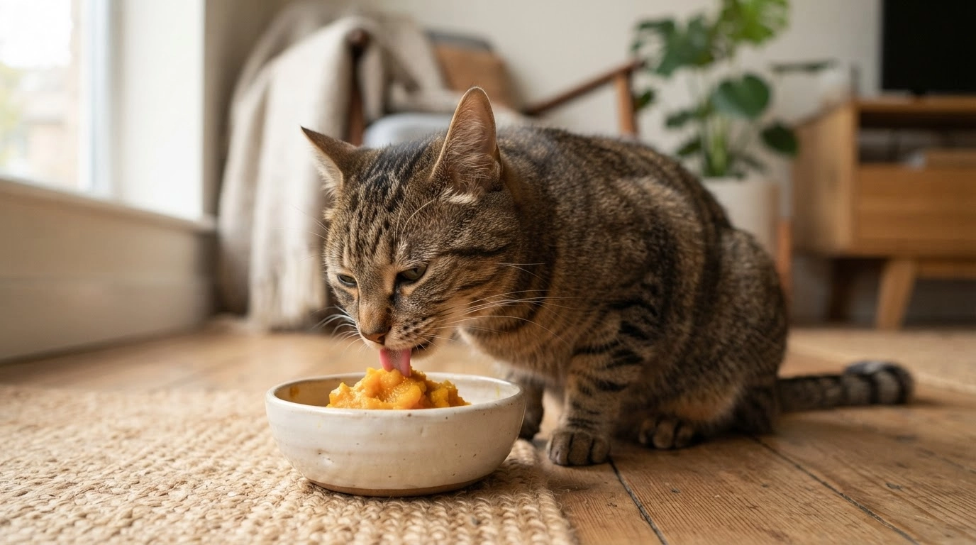 tabby cat eating a small amount of mashed pumpkin from a bowl at home