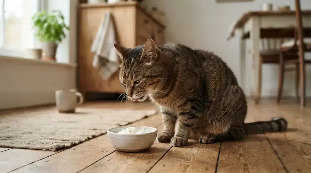 cat licking a small amount of curd from a bowl on a kitchen floor with a soft home background light