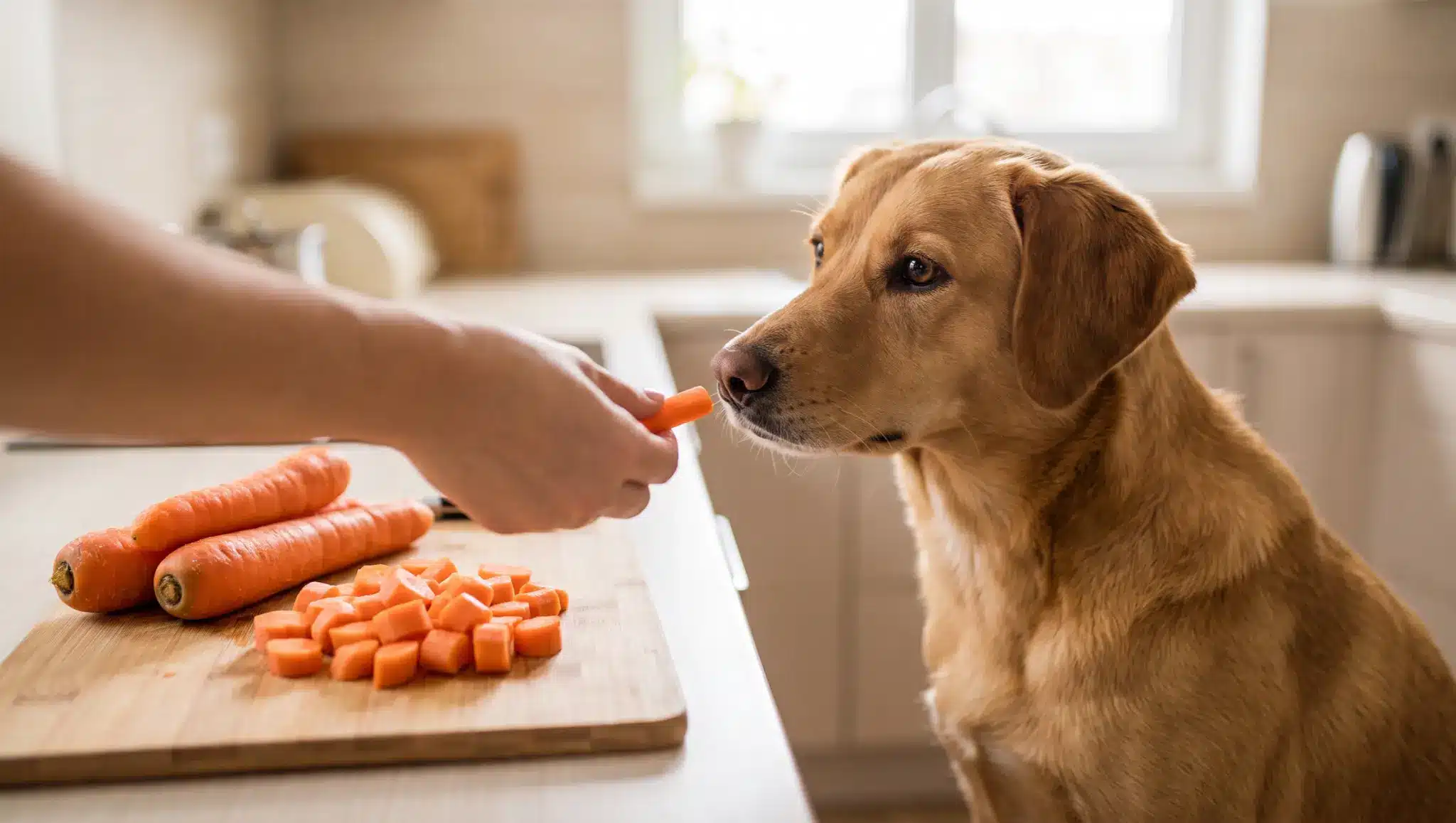 dog sitting by fresh carrots as an owner offers a small piece for can dogs eat carrots safely