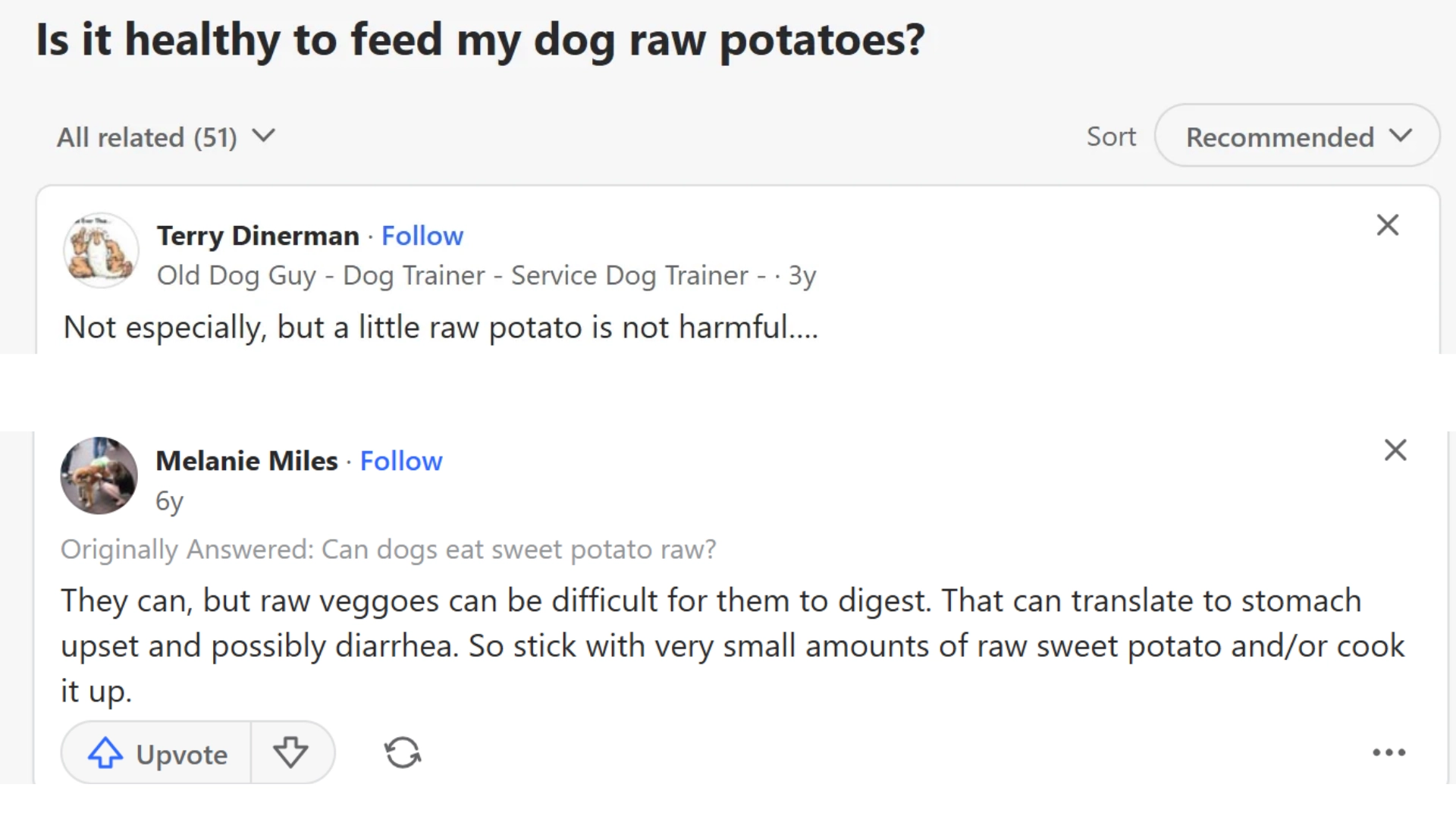 quora discussion about feeding raw potatoes to dogs and pet owners sharing safety advice